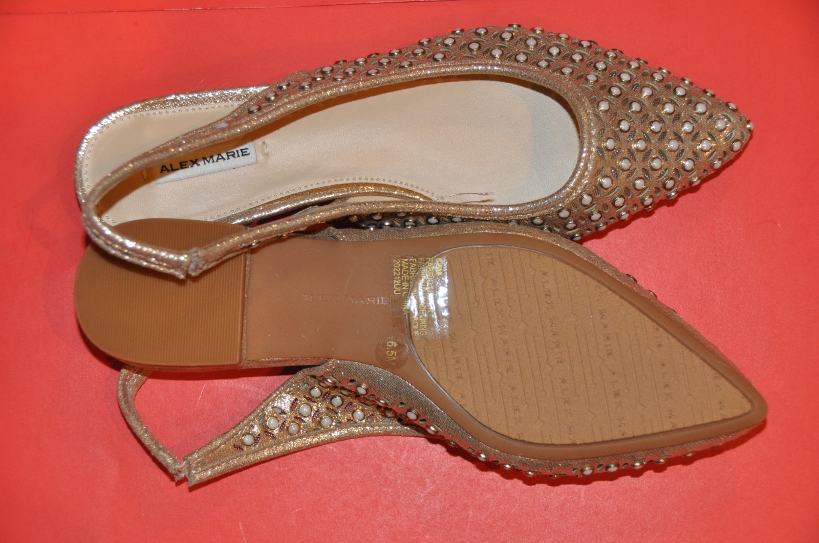 NWOT Alex Marie Labella Sling Back Flats Gold Metallic Pearl Studded size:6.5