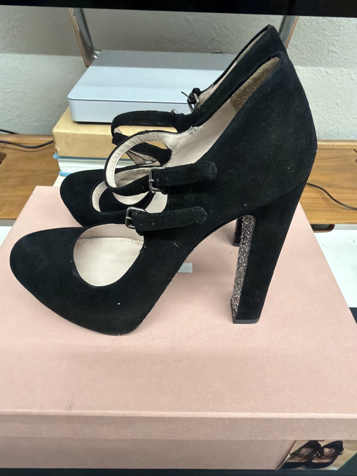 Miu Miu Black Suede Glitter Sole Mary Jane Heels, Size 36 With Box