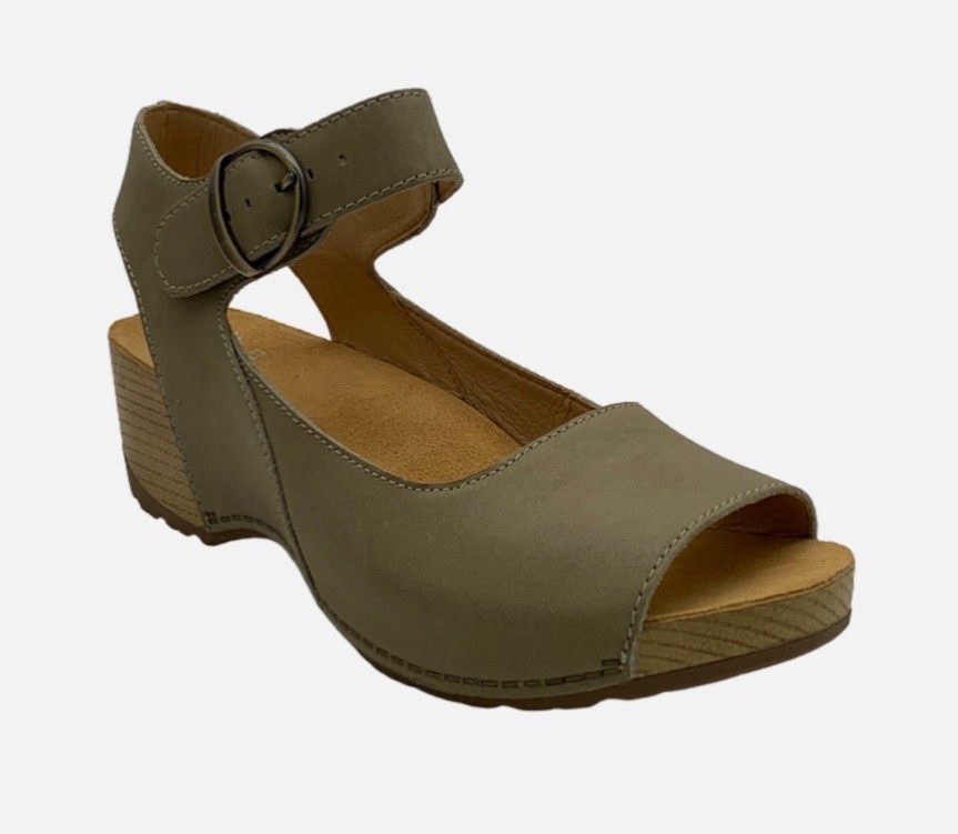 Dansko Burnished Calf Leather Wedge Sandals Tiana Khaki size EU 41, US 10-10.5