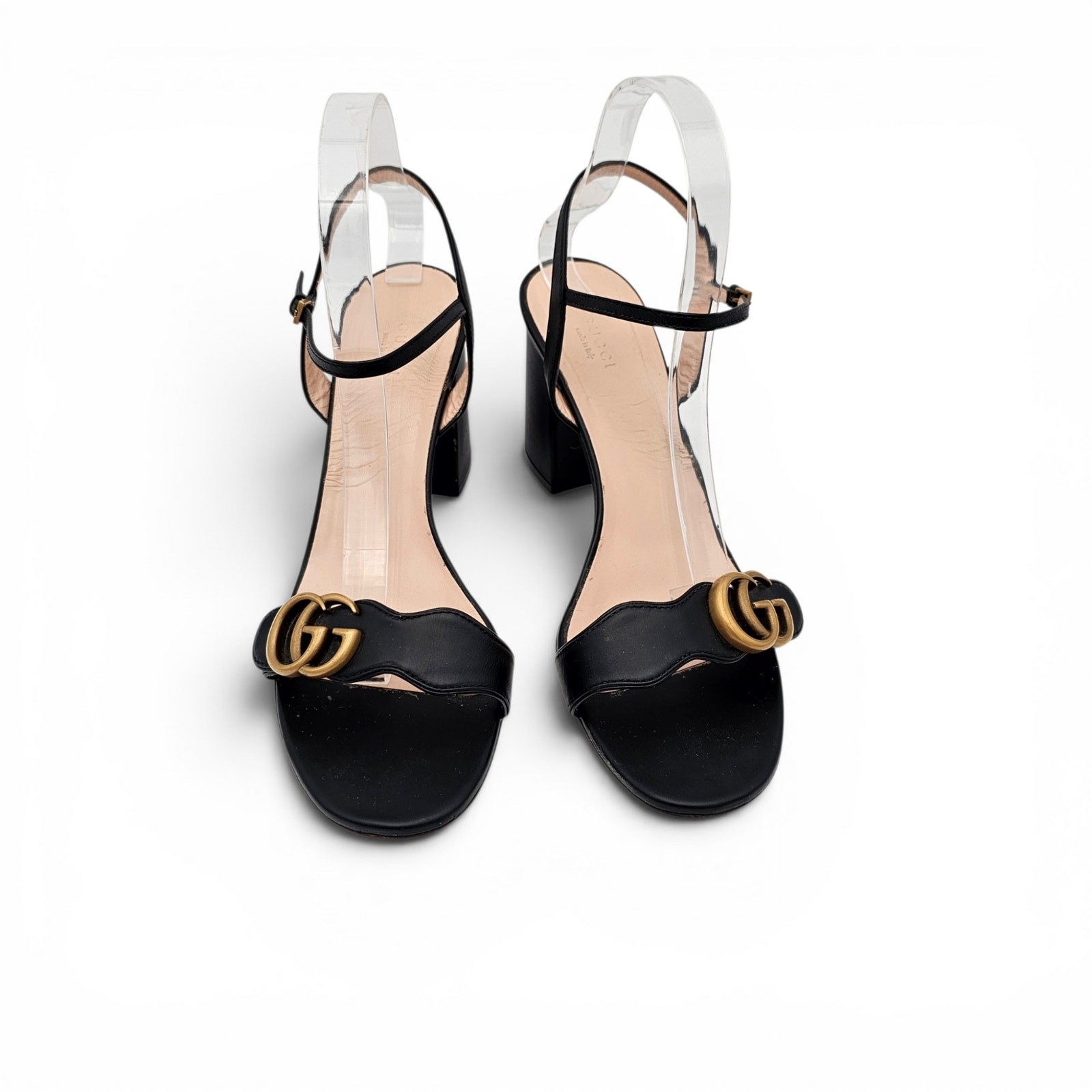 Gucci GG Marmont Black Leather Block Heel Sandal Ankle Strap Gold Size 40.5 10.5
