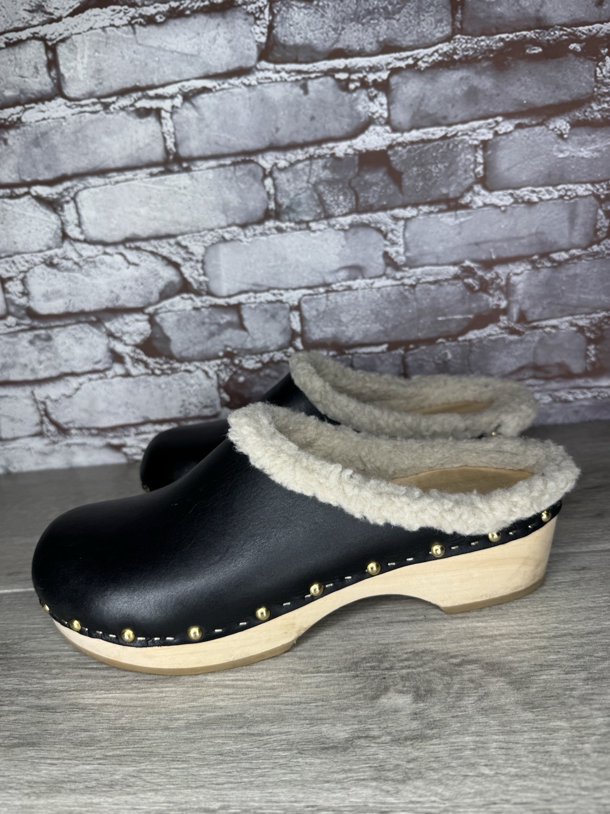 YouYou Sabot Wooden Black Leather French Clogs Slip On Fur Shoes Women 41EU/10.5