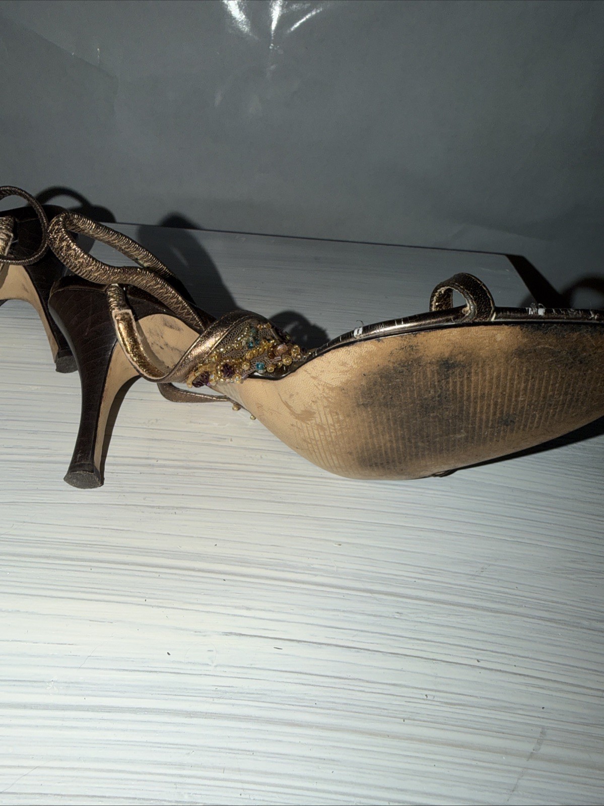 Brown Bronze Beaded Strappy Nine West Slingback Sandal Heels