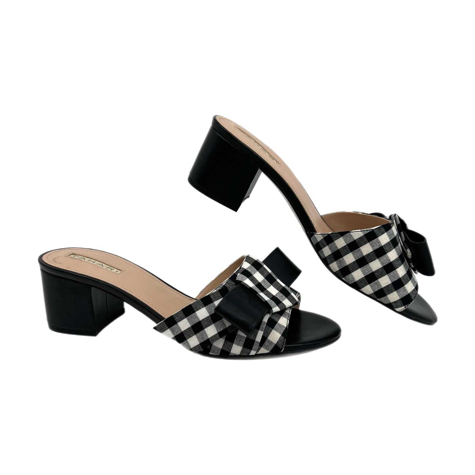 Tahari Black and White Gingham Bow Slip-On Sandals | Heel Height Mid 2-2.9in