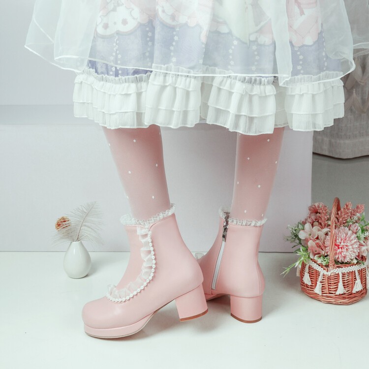 Sweet Women’s Girls Faux Leather Lace Zip Ankle Short Boots Dress Lolita Shoes