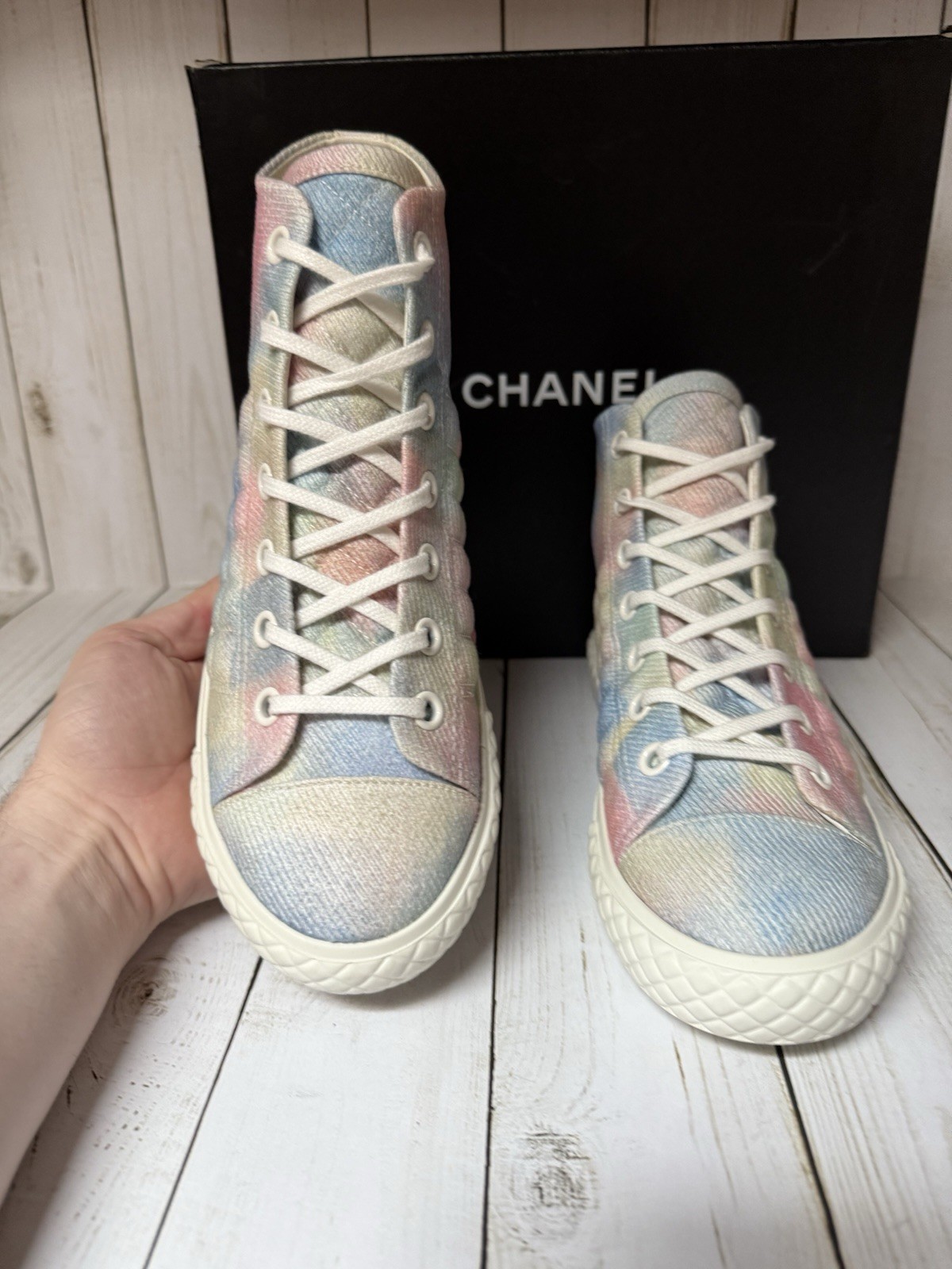CHANEL Printed Fabric Quilted High Top Sneakers Green Pink Blue Sz 39 / 9