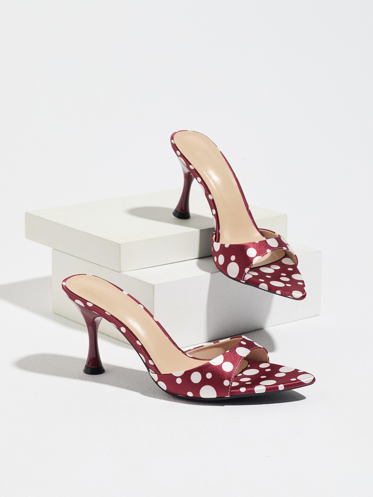 Women Sexy Leather Mid Heels Pointy Open Toe Polka Dot Sandals Shoes Slipper New