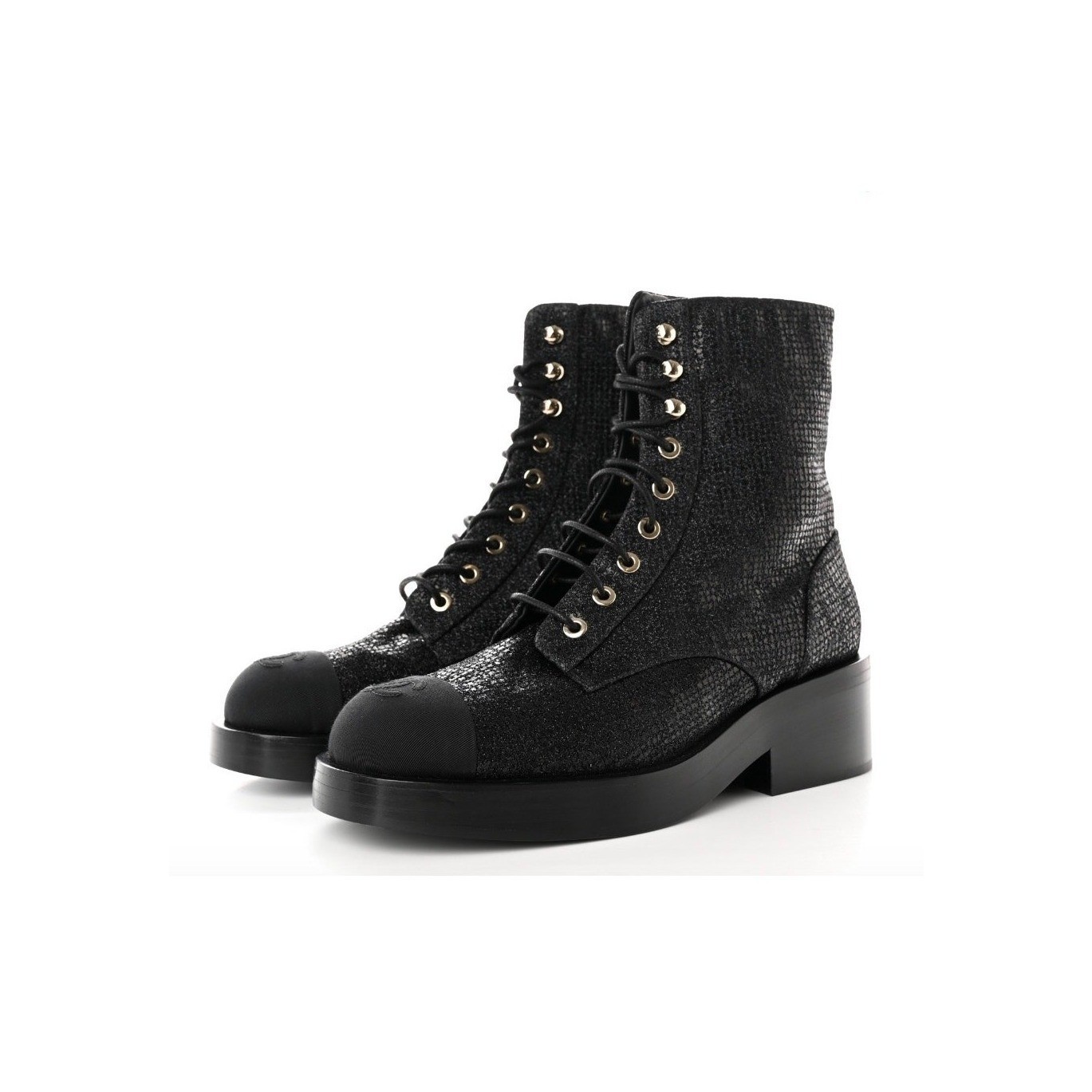 Chanel 2022 CC Logo Glitter Combat Boots Black Runway Virginie Viard 38.5