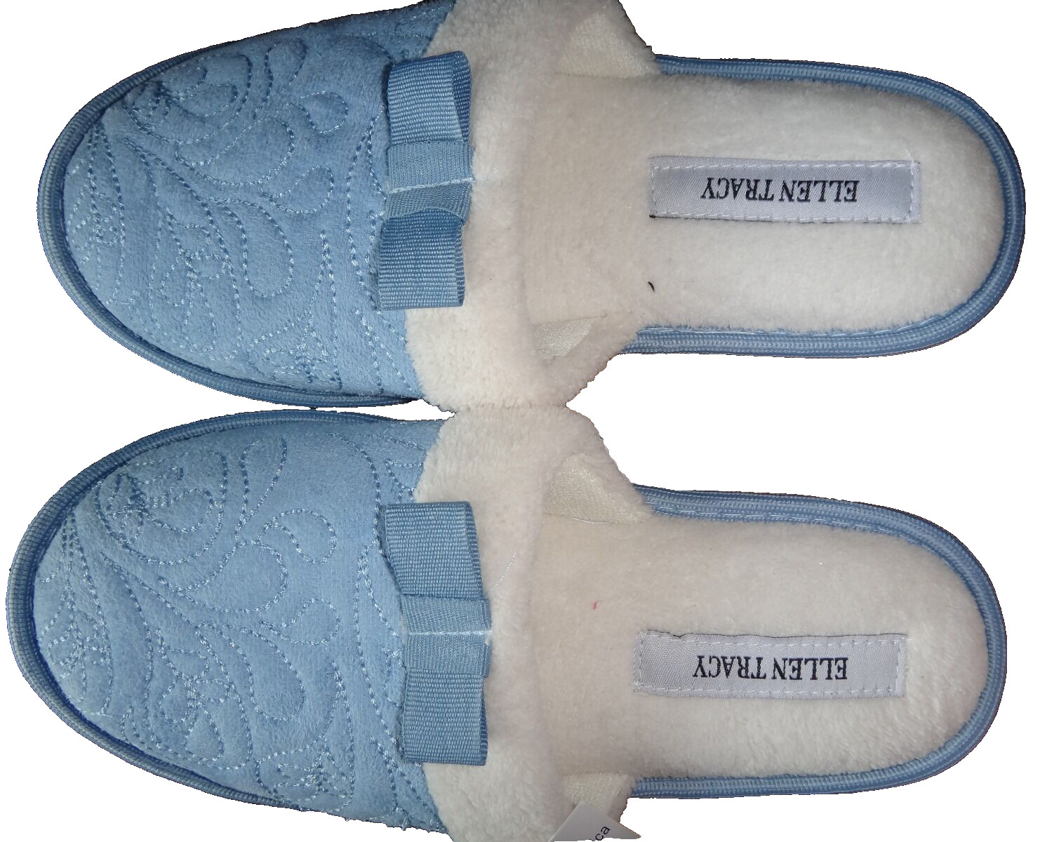 ELLEN TRACY Bow Flat Slipper Light Blue Quilted Textile White Fur Size S ( 5-6 )