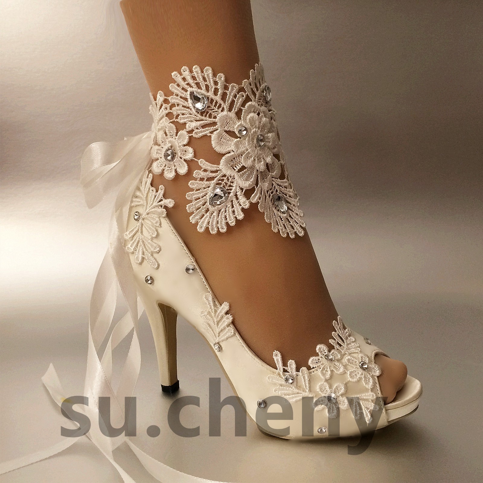 su.cheny- 3″ 4” heel white ivory satin lace ribbon open toe Wedding Bridal shoes