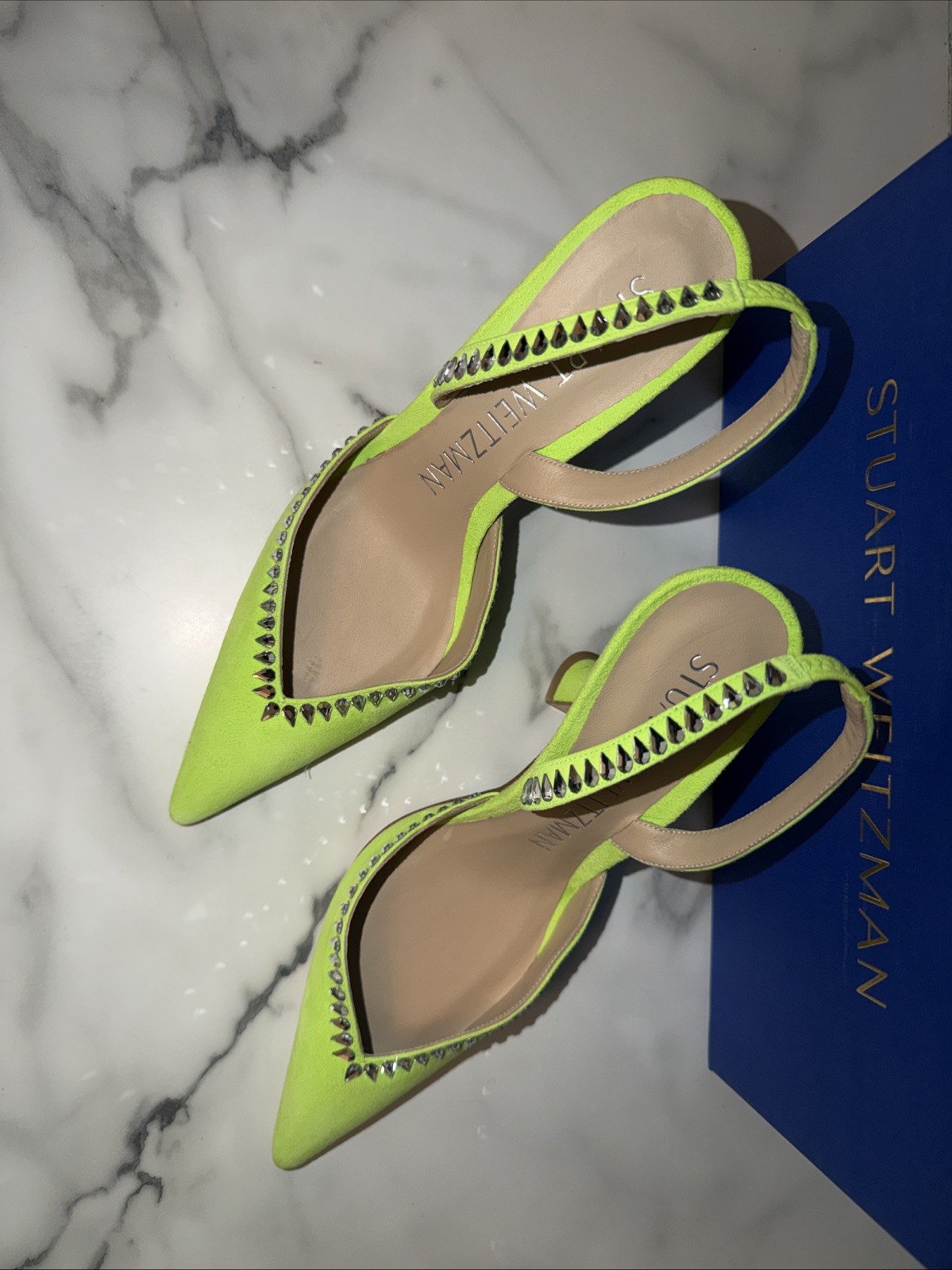 Stuart Weitzman GEMCUT XCURVE 100SLINGBACK Neon Green Suede Swarovski Crystal 6B