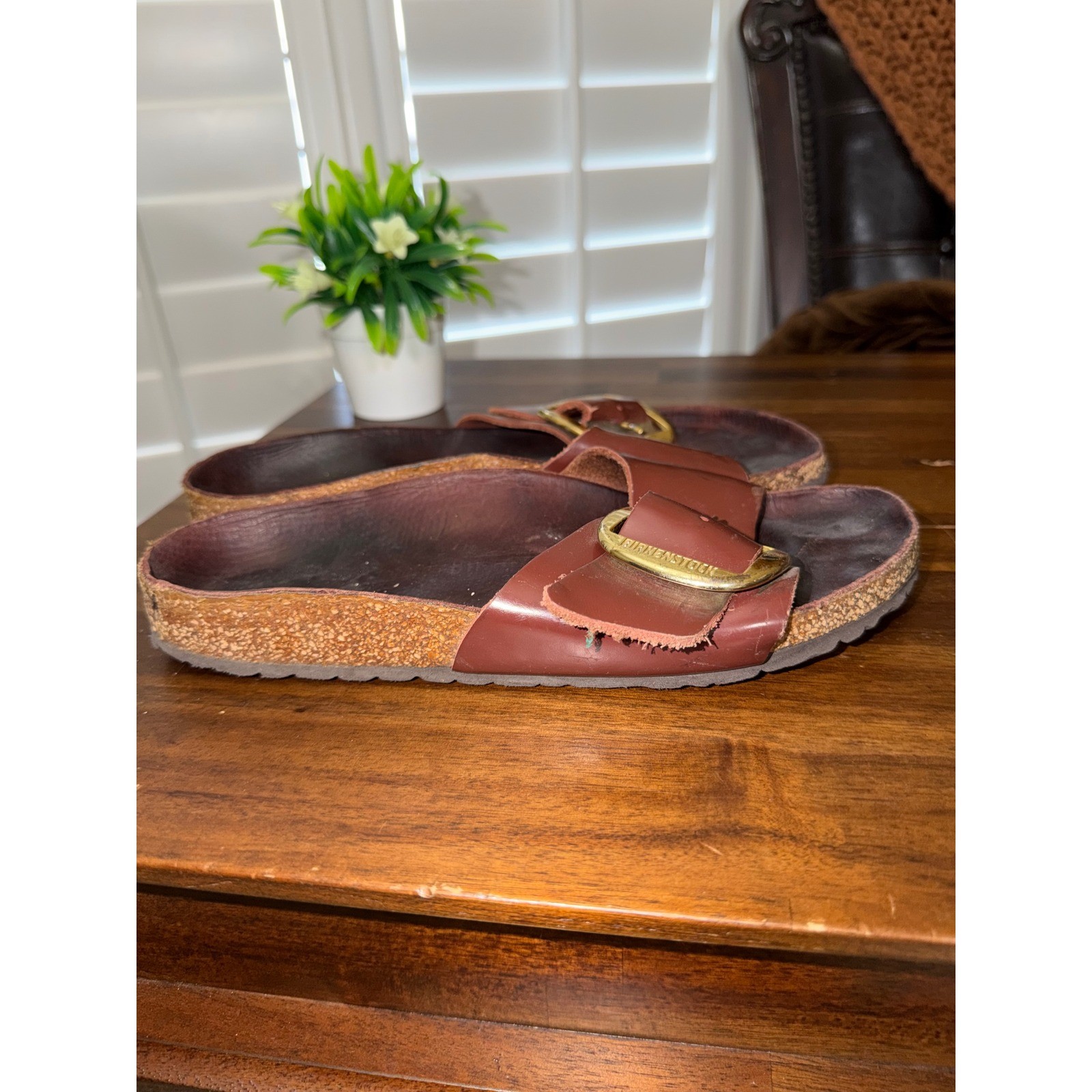 Birkenstock Madrid Big Buckle Cognac Leather Slides Gold Buckle Sandals 39