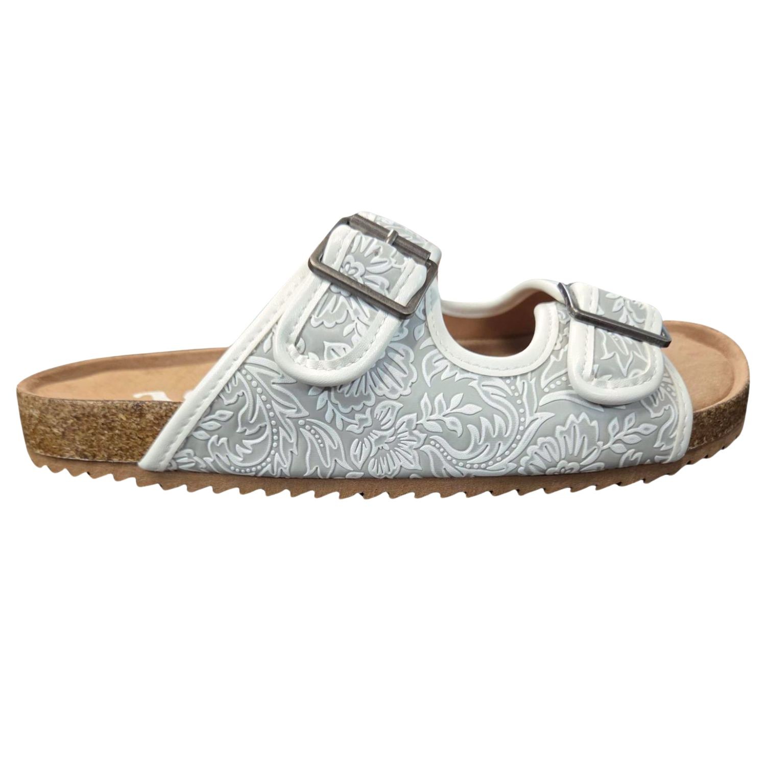 Very G Womens Western Floral Embossed Buckle Strap Slide Sandals- White/Grey