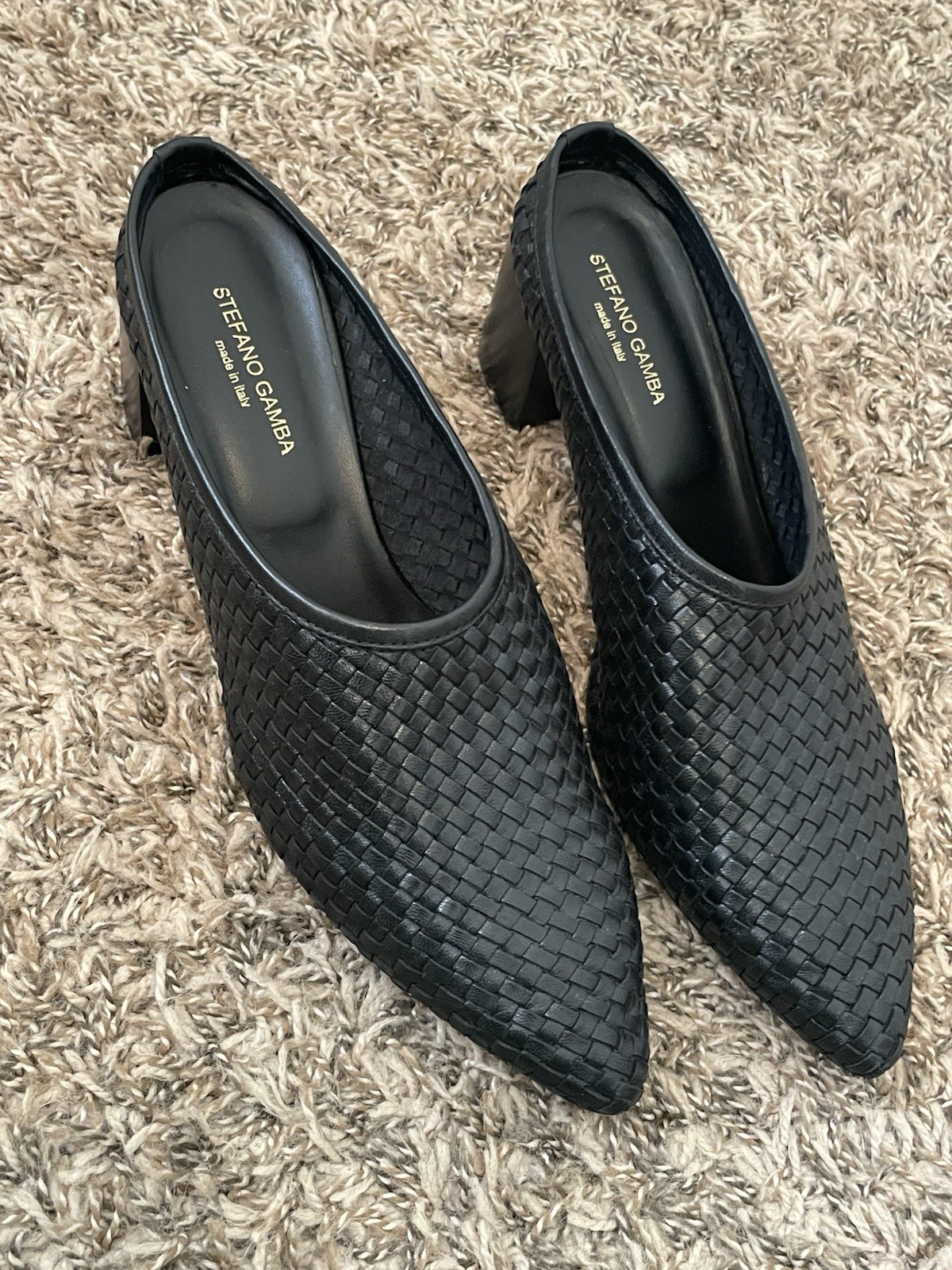 Stefano Gamba Woven Pointed Toe Leather Flats Mules Sz 9.5 , 41 Black Italy