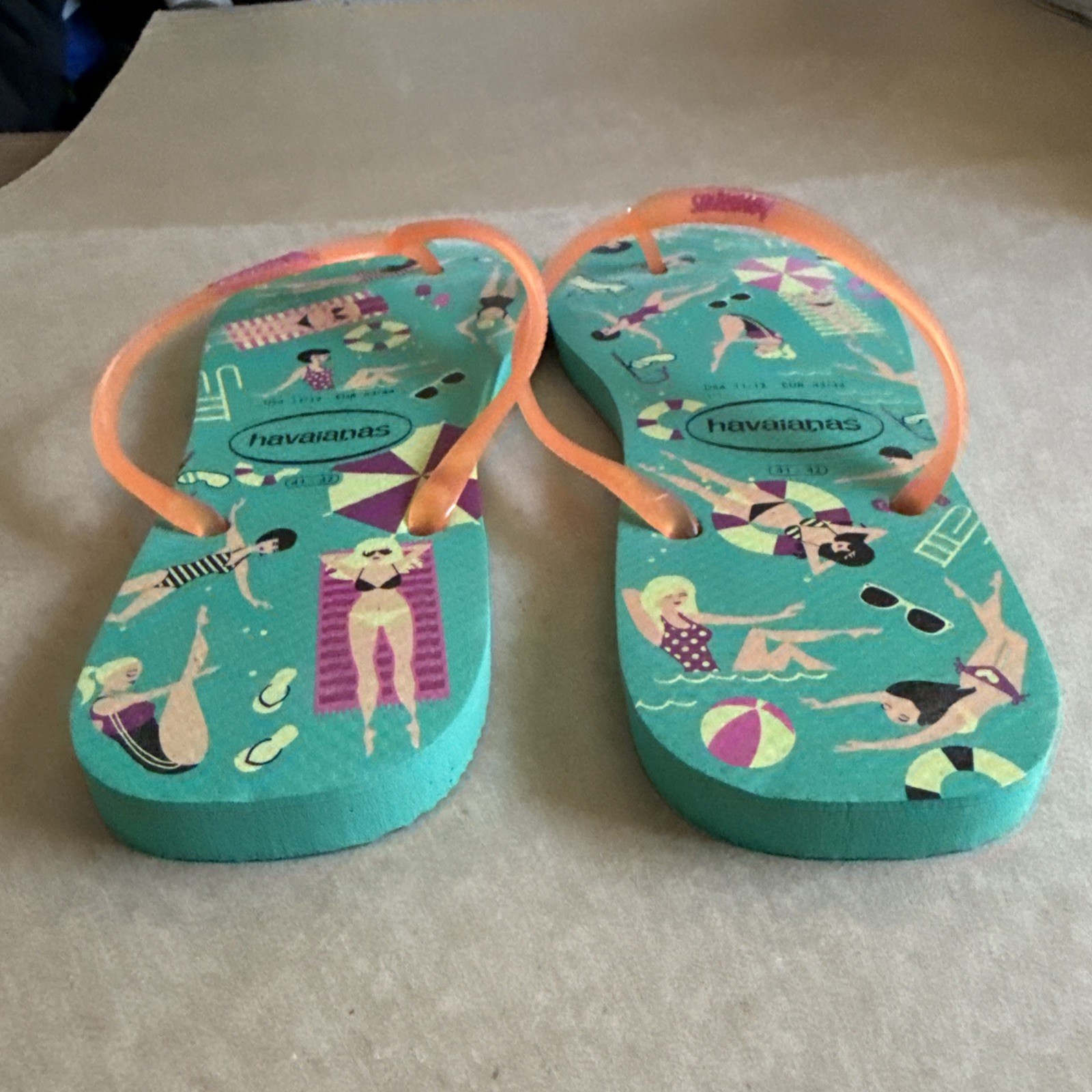 Havaianas Slim Green Pool Party Design with Orange Gel Straps 41/42 – New