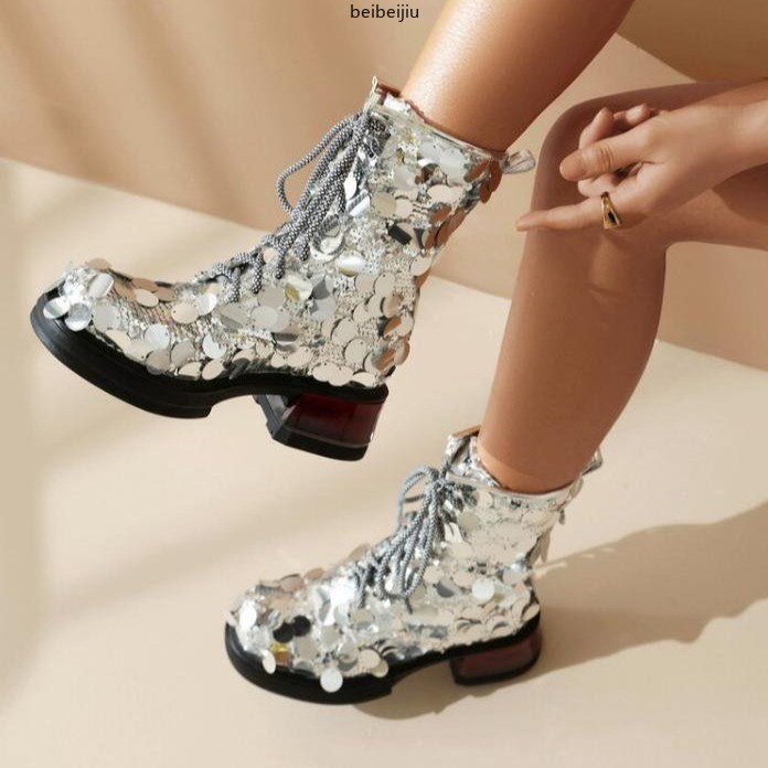 Bling Bling Sequins Ankle Boots Low Cuban Heel Round Toe Women’s Lace Up Shoes