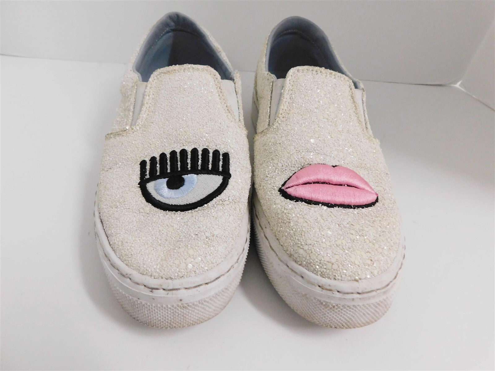 Chiara Ferragni White Glitter Leather Eye Lip Sneakers Italy 39