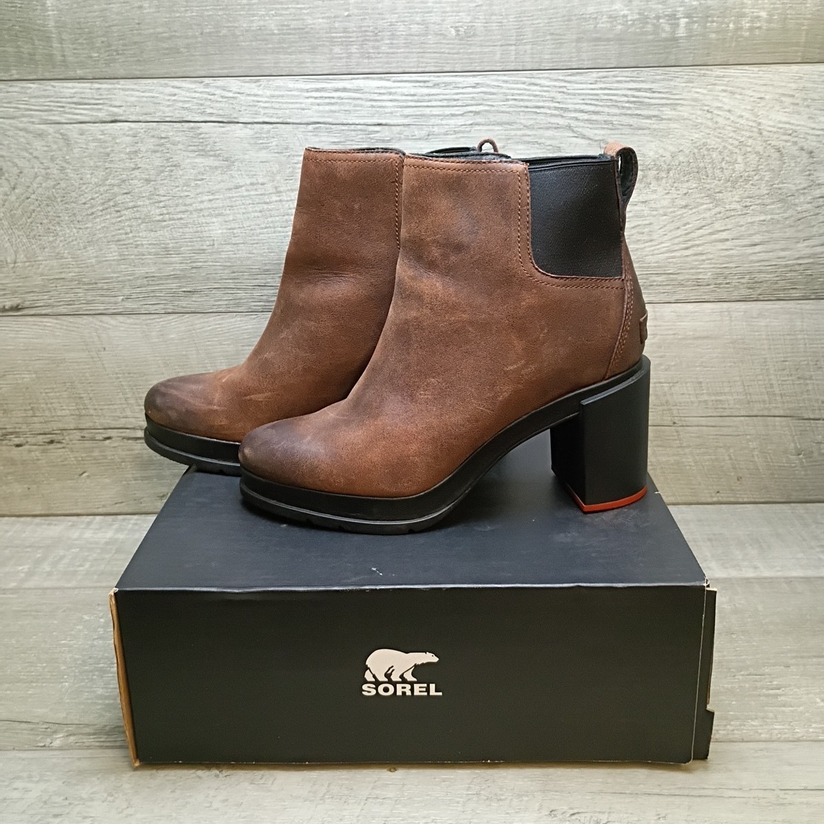 A+ Womens Sorel Blake Chelsea Boot Burro Brown 8.5 Waterproof High Block Heel