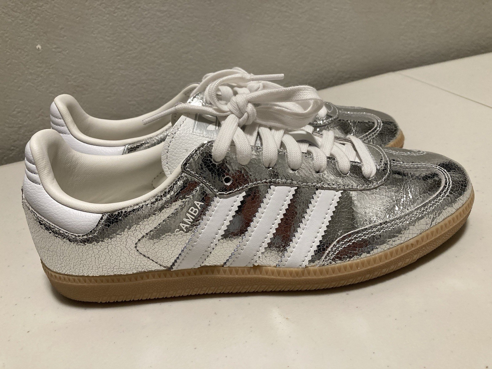 adidas Samba OG Silver Metallic/White Crackle Low Top Lace Up Leather JR0035