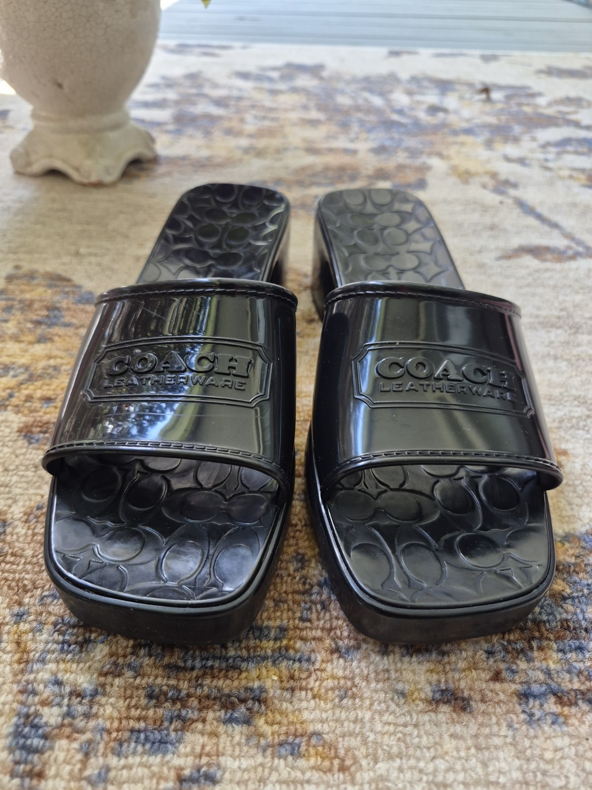 Coach Women’s Black Logo Slide Sandals Slip-On Block Heel Straps US 9 BRAND NEW