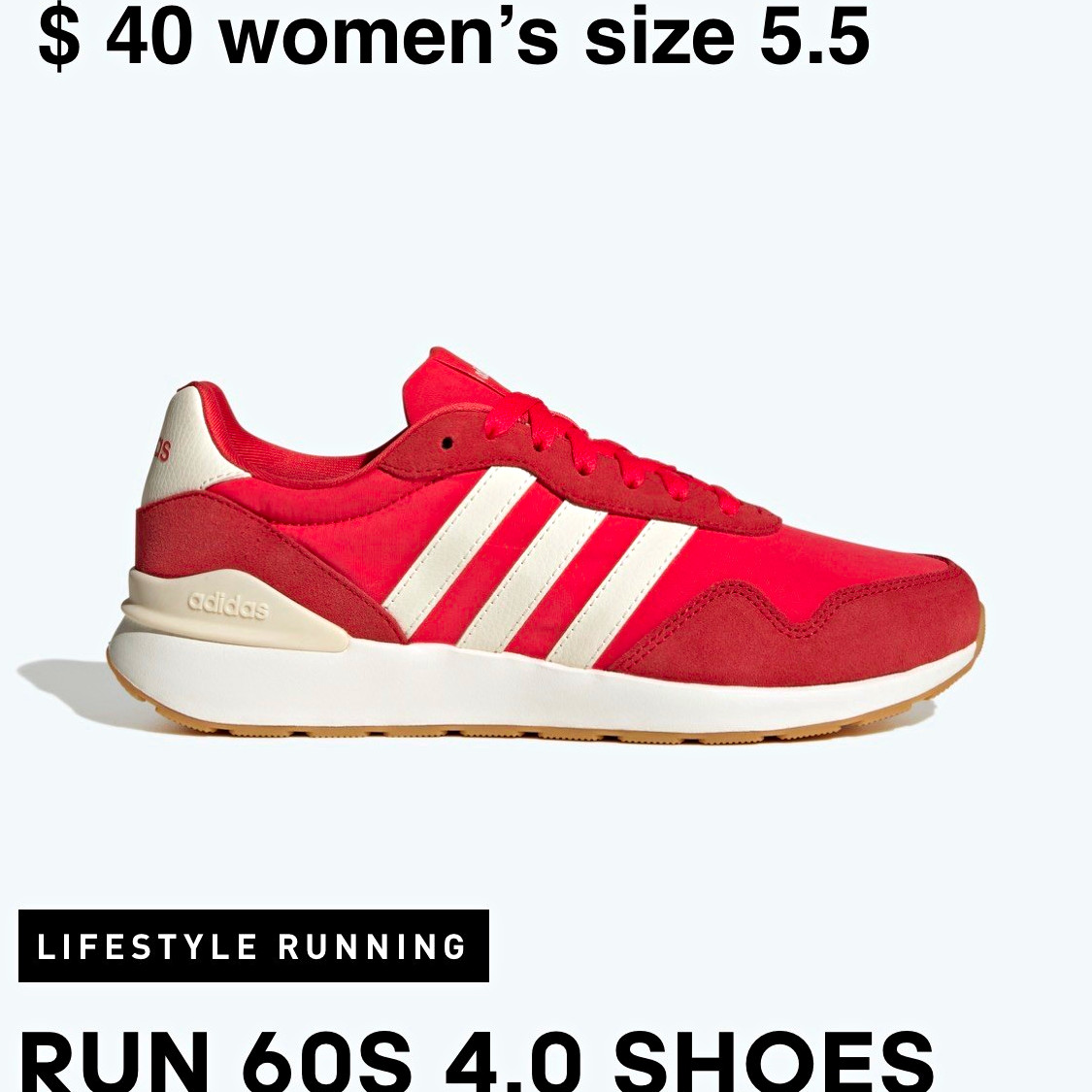 adidas Run 60S 4.0 Low Top Lace-Up Athletic Sneaker Red/White JP5973