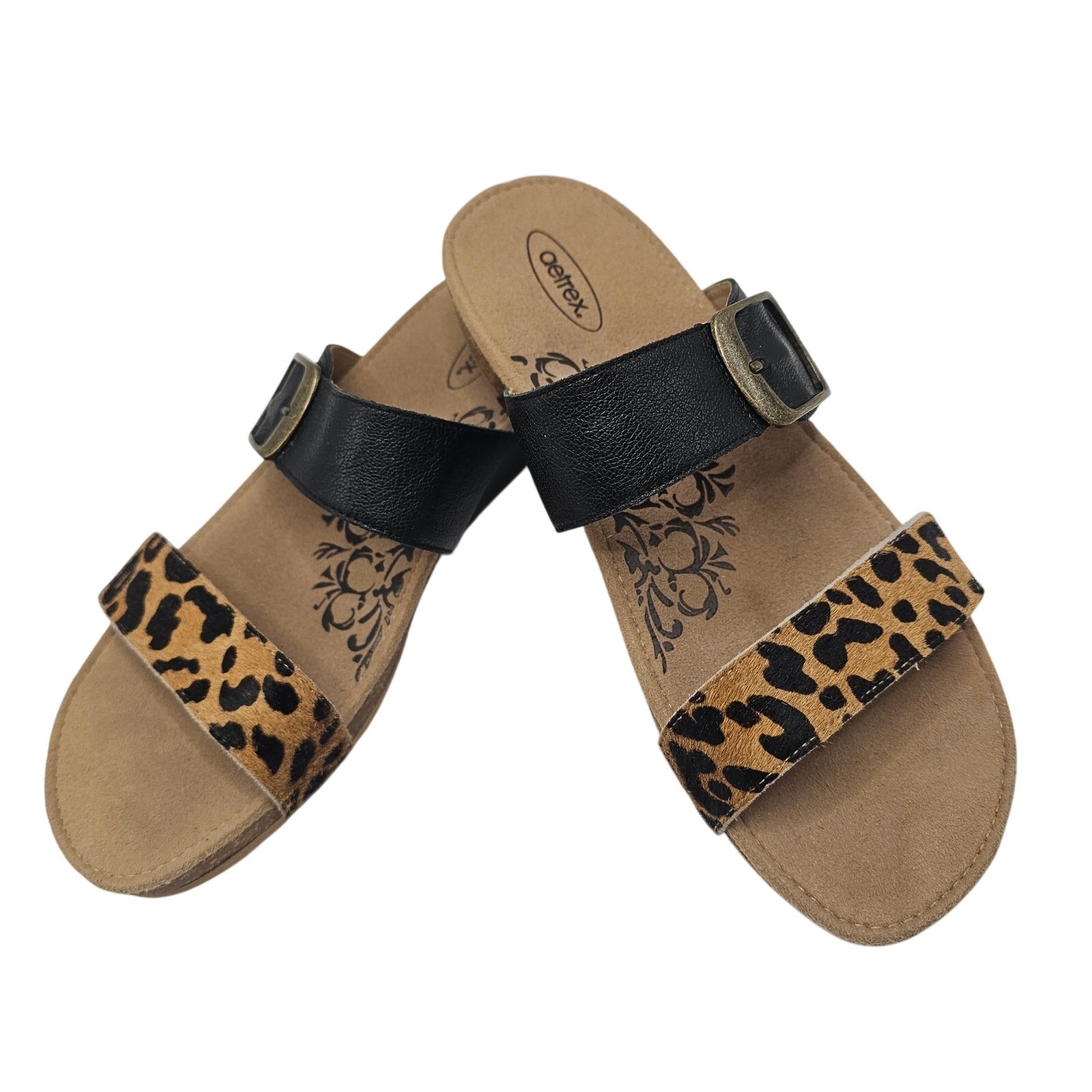 Aetrex Daisy Adjustable Slide Leopard Print Leather Orthotic Sandals W10 / EU41