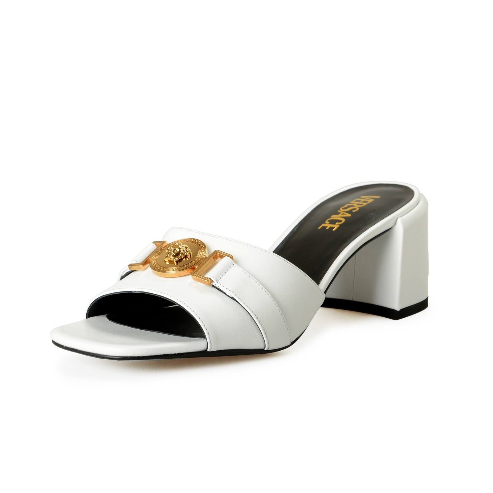 Versace Women’s White Gold Medusa Heeled Sandals Mules Shoes US 6 IT 36