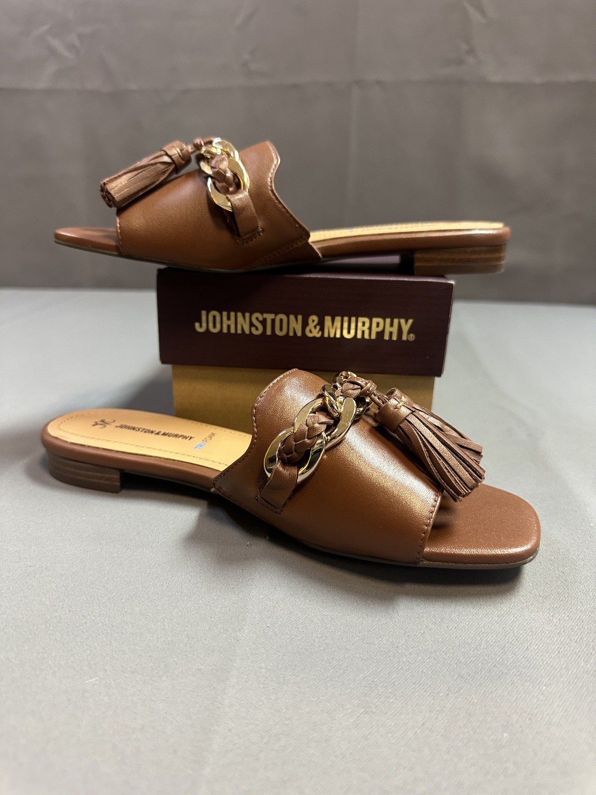 New Johnston & Murphy LILLY Chain Slide Sandals In Cognac Glove – Women’s 6.5M