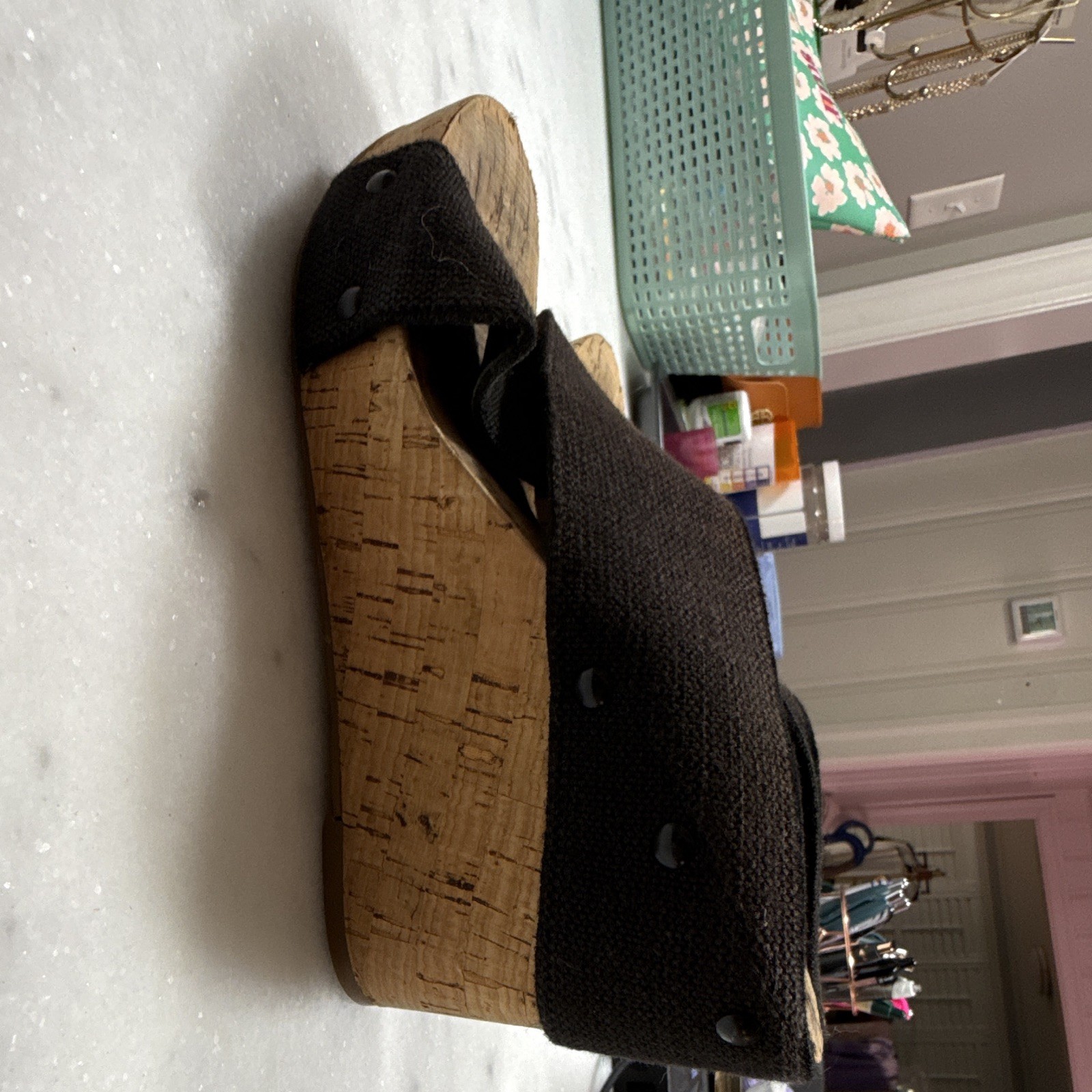 Lucky Brand Women’s Black Crisscross Cork Wedge Slide Sandals 8 M Synthetic