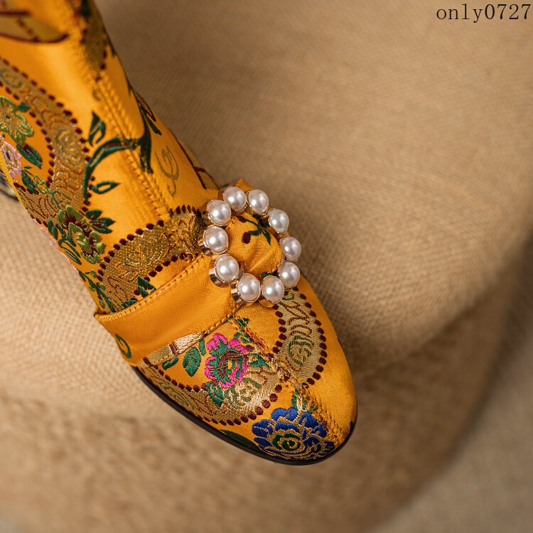 Women’s Ankle Boots Rhinestone Mid Chunky Heel Side Zip Embroidered Shoes Hot