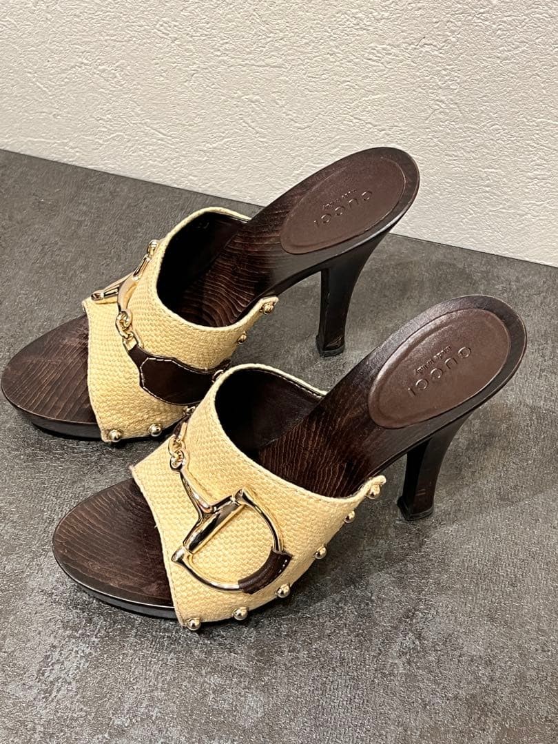 GUCCI Horsebit Mules Sandals Size 23cm 9in Brown Canvas Wood Sole
