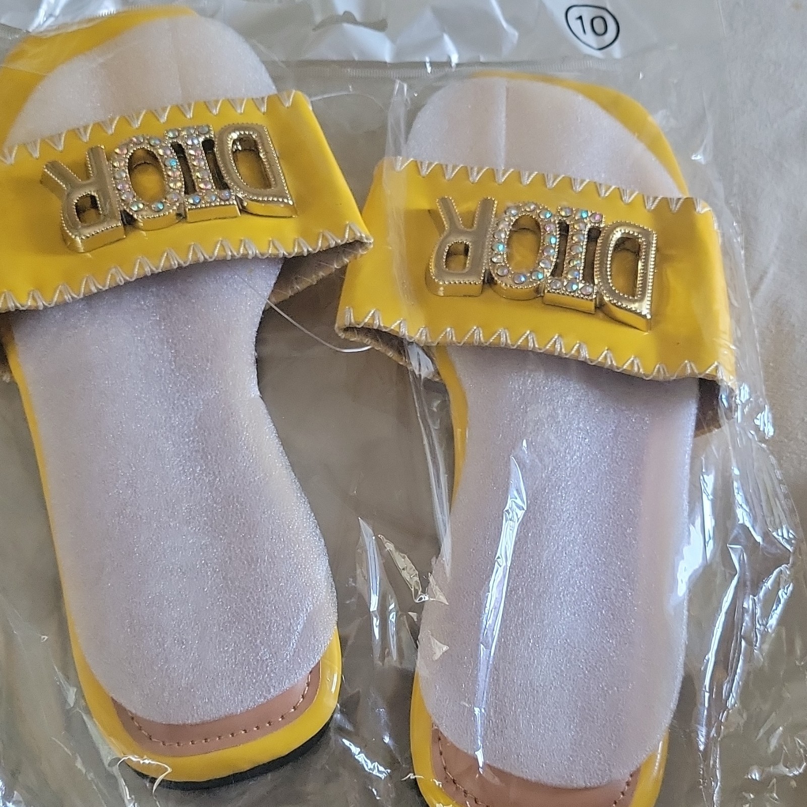 Dior Women’s Yellow Slip-On Slide Sandals with Rhinestone Logo Accent, 10