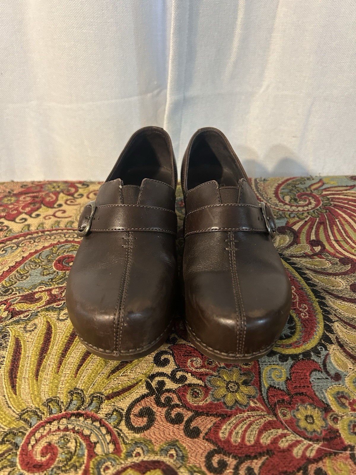 Dansko Brown Leather Mary Jane Buckle Strap Low Wedge Comfort Shoes Sz 6