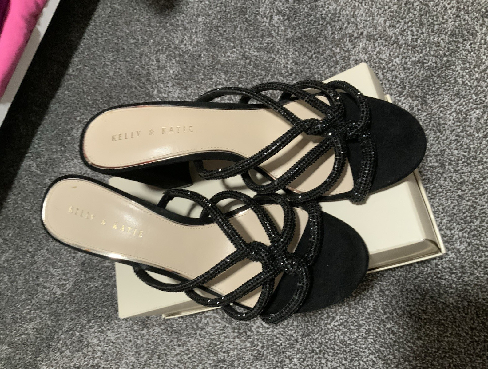 Kelly & Katie Women’s Black Rhinestone Strappy Open Toe Mule Block Heel US 11