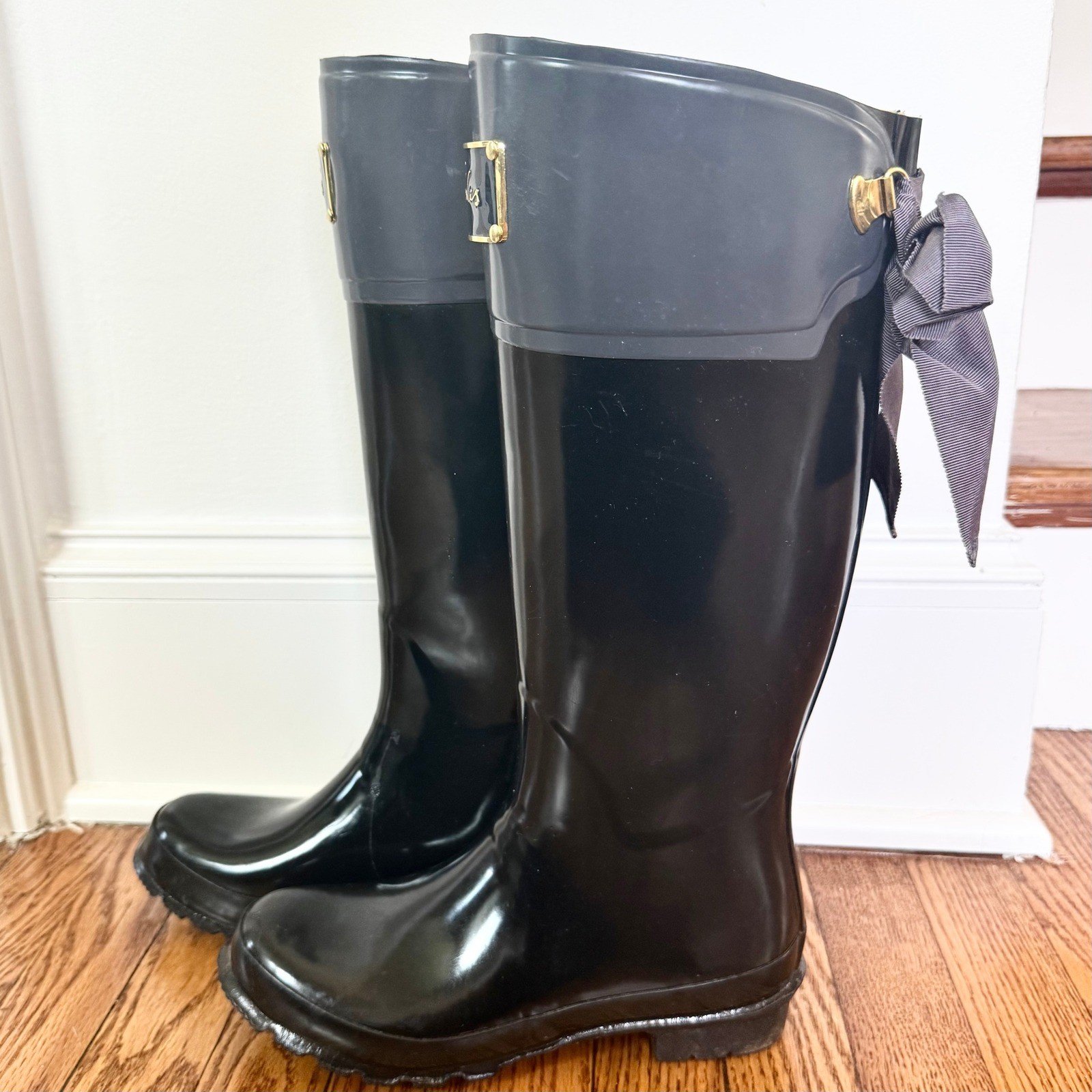 Joules Evedon Rain Boots Womens 8 Black Bow Back Waterproof Tall