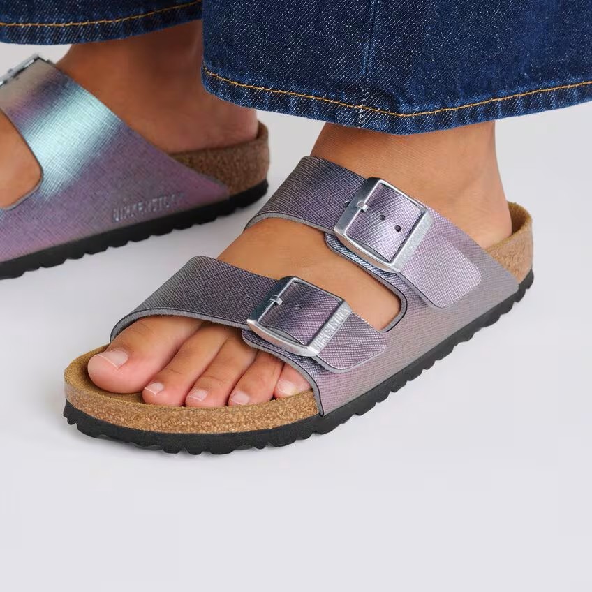 BIRKENSTOCK ARIZONA SAFFIANO IRIDESCENT VIOLA VIOLET MEDIUM/NARROW WIDTH PURPLE