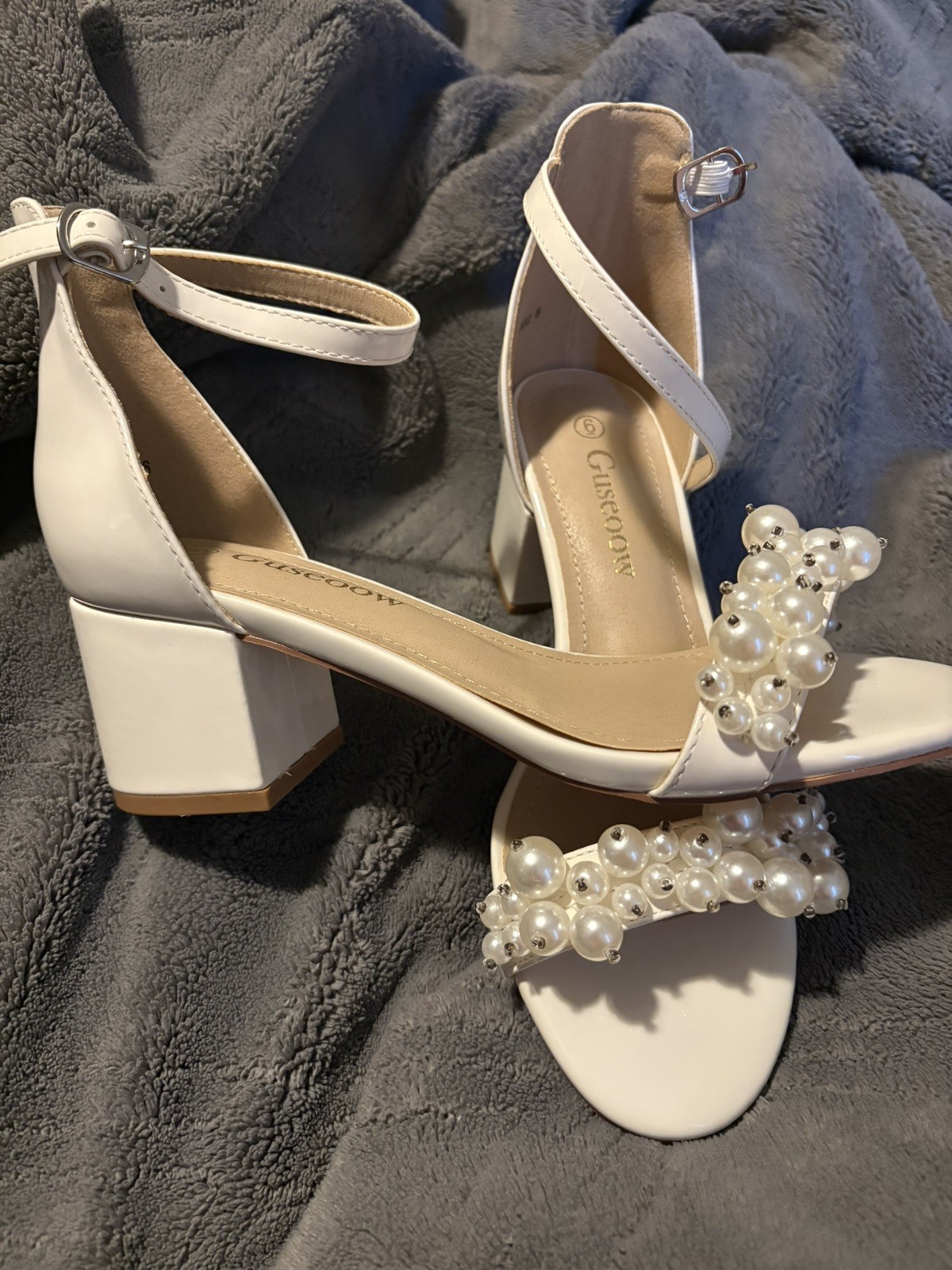 Guseoow Women’s Bridal Wedding Shoes Bride Low Block Heel Pearl Sandals White 6