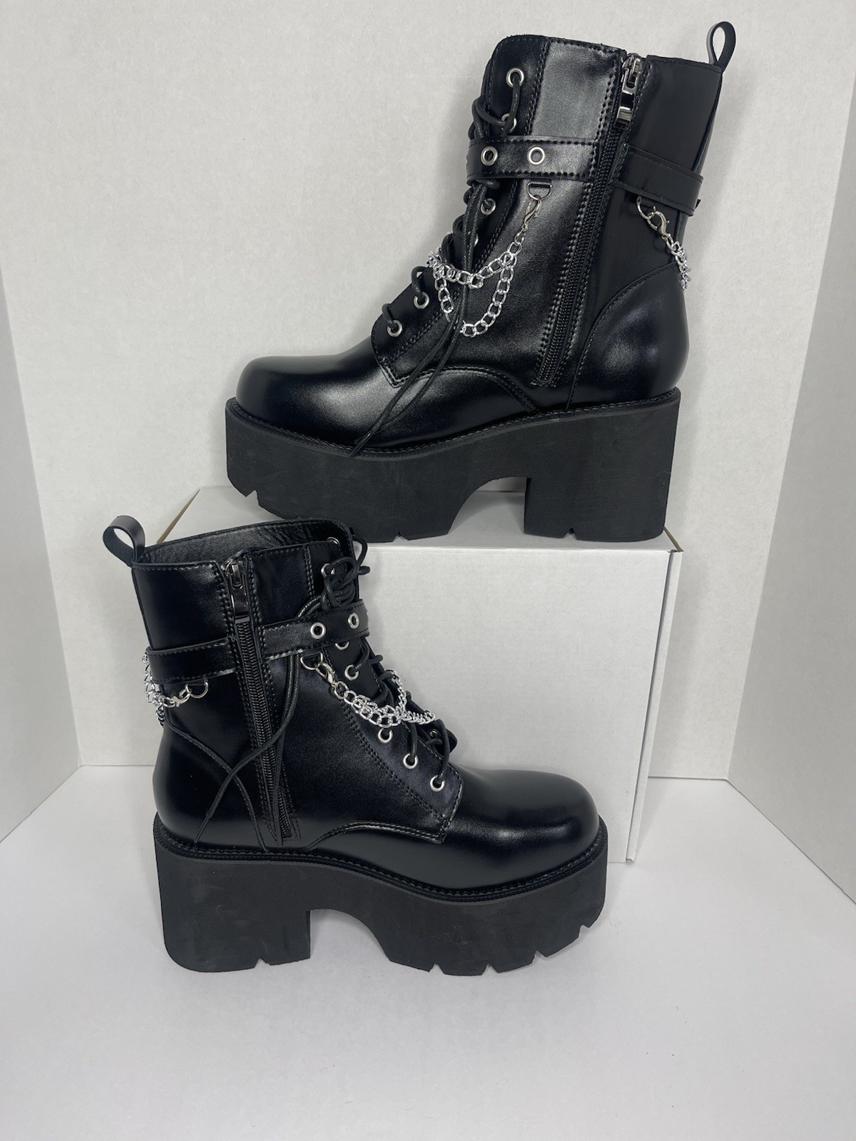 Women’s Platform Goth Punk Mid‑Calf Boots –Black – Chunky Heel, Studded| Size 40