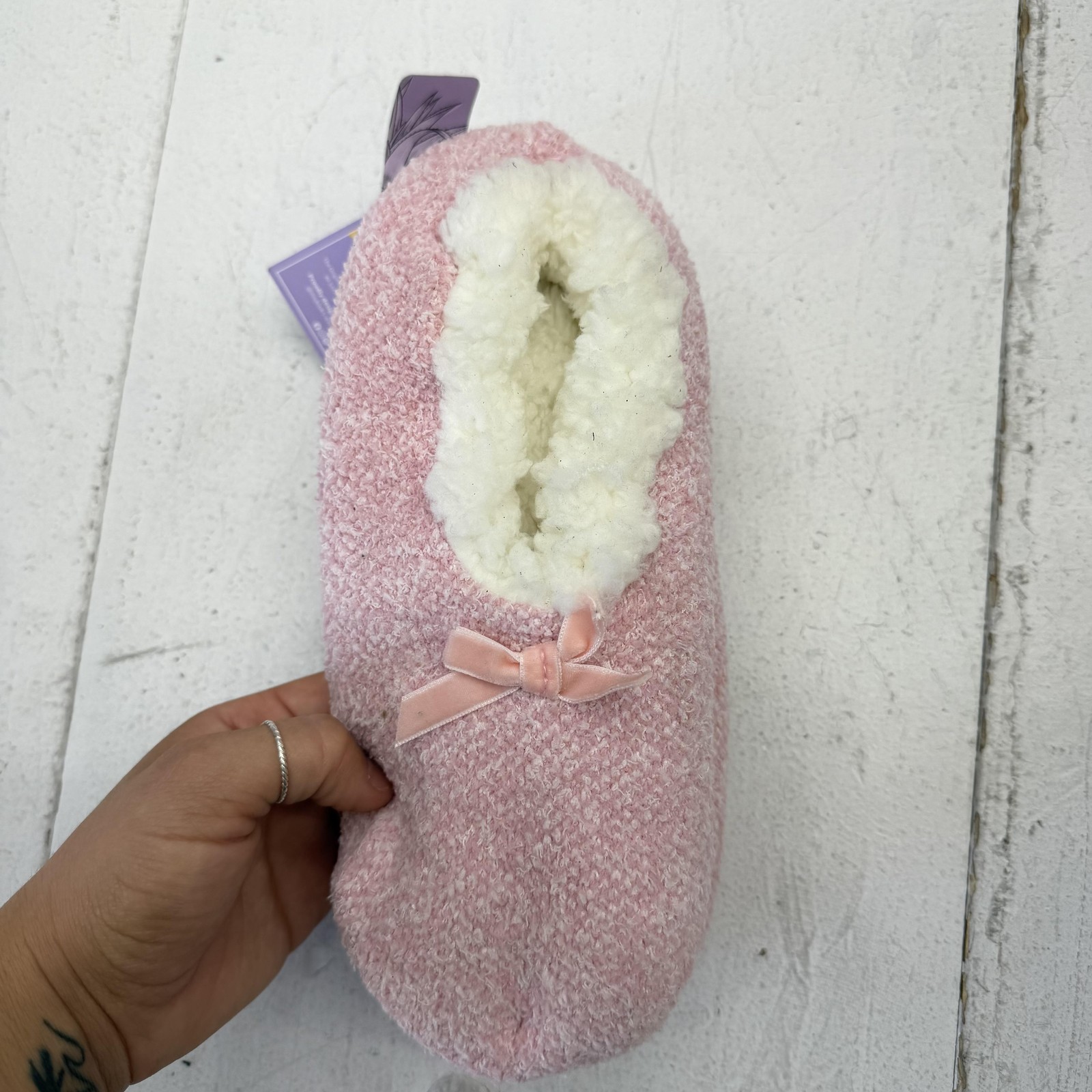 Mukluks Ballerina Sock Slippers Womens Size 7 Pink Knit Faux Fur Lined Cozy