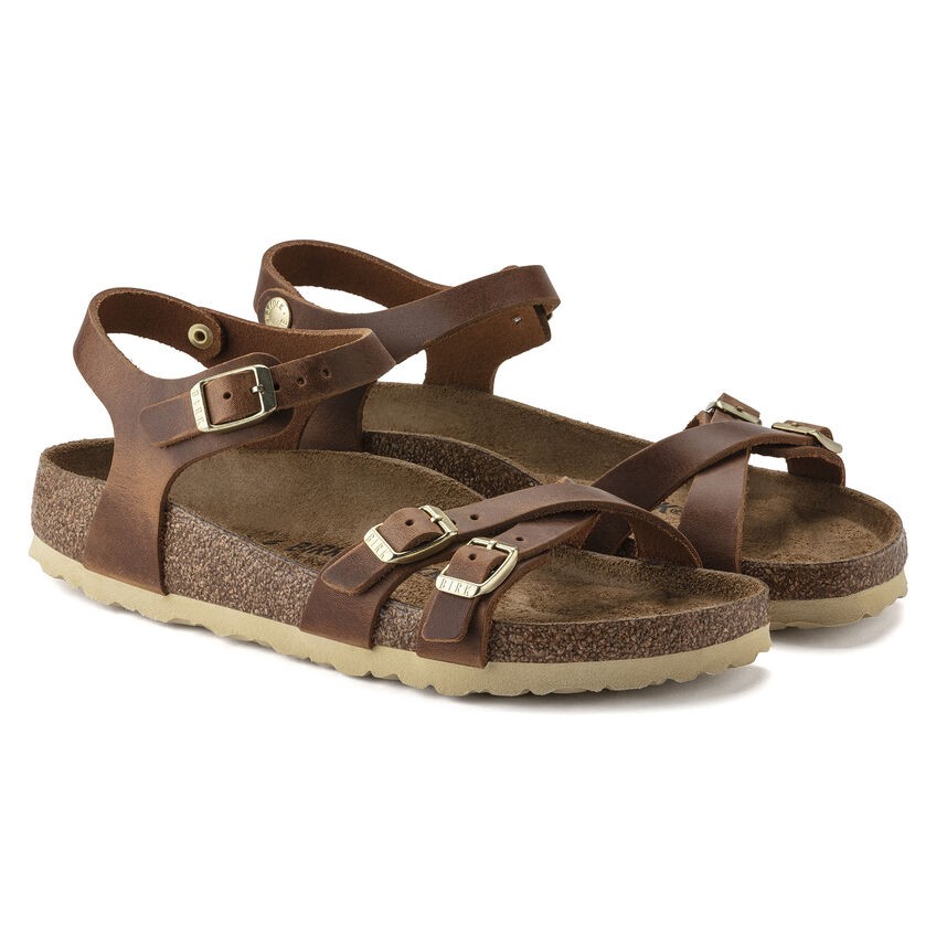 BIRKENSTOCK KUMBA COGNAC WAXY LEATHER MEDIUM/NARROW WIDTH CROSSED STRAPS SANDALS
