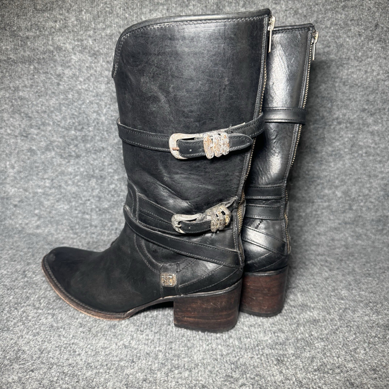 FREEBIRD BY STEVEN Pike Black Boots Women Size 10 Western Buckle Straps