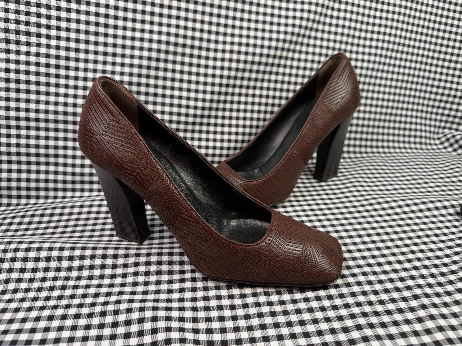 Prada Brown Embossed Leather Square Toe Pumps Block Heel Italy 38.5 Women’s US 8