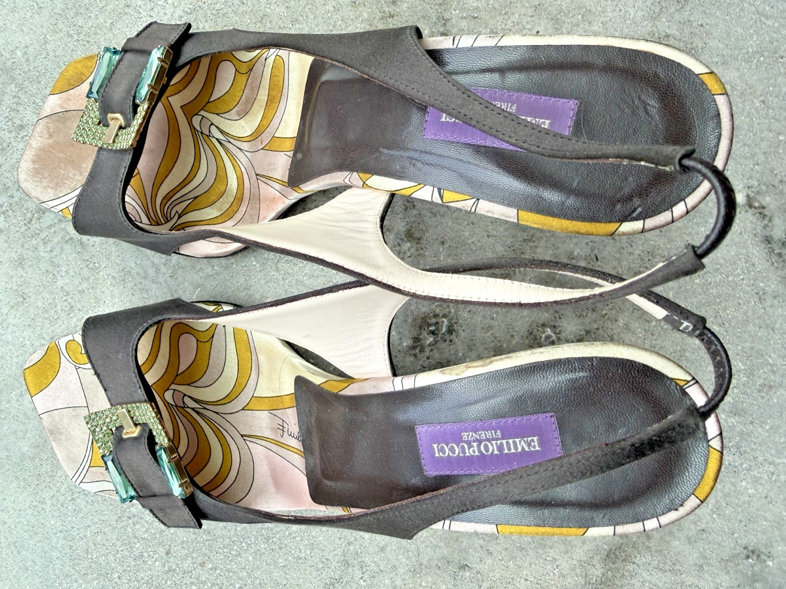 Emilio Pucci Crystal Buckle Slingback Pumps Black Satin Print EU 39 Y2K