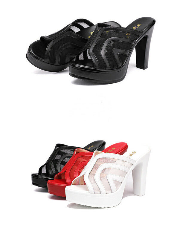 Women Block Heel Sandals Platform Backless Peep Toe Slip on Summer Mules Slides