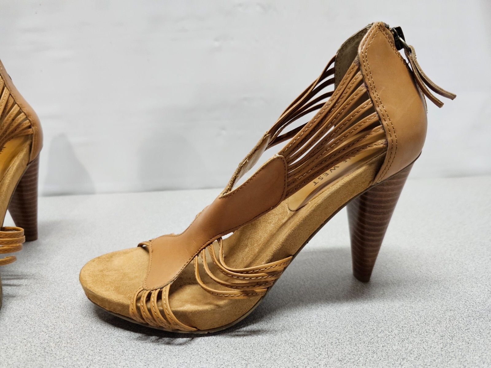 Nine West Womens Size 7 Brown Leather Pumps 3.5″ Cone Heels Strappy Open Toe
