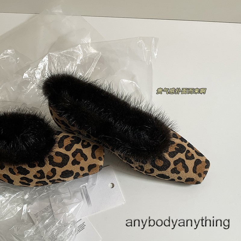 Women Square Toe Real Leather Leopard Print Mink Fur 3.5cm Low Hidden Heel Shoes