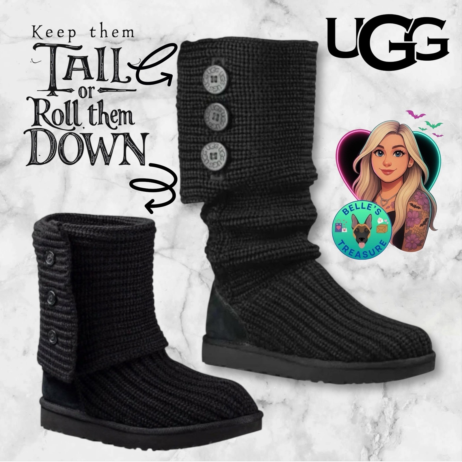 UGG Classic Cardy Knit Boot Women’s 6 Black Tall Short Button Y2K Bella Swan