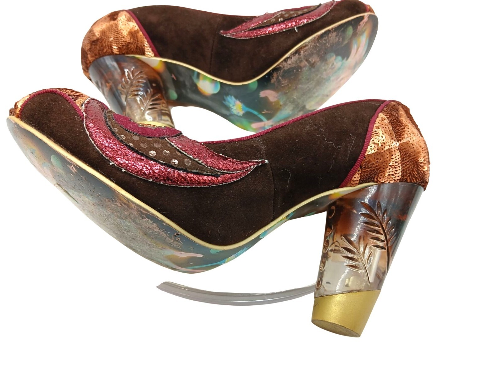 Irregular Choice Burgundy Gold Sequin Velvet Heels Acrylic Clear Heel Size 39 EU