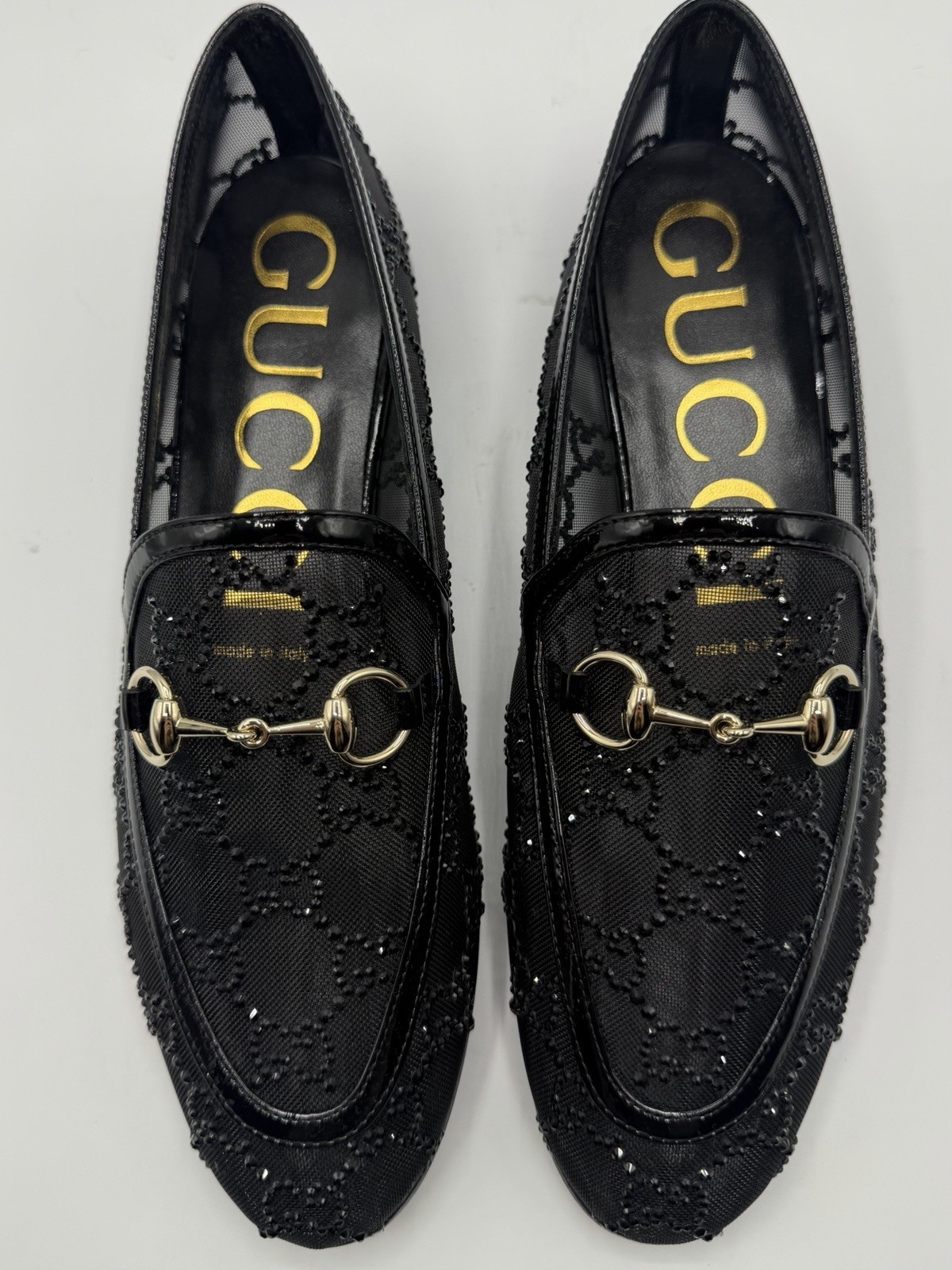NIB Gucci GG Monogram Logo Crystal Rhinestone Jordaan See Through Mesh Loafers