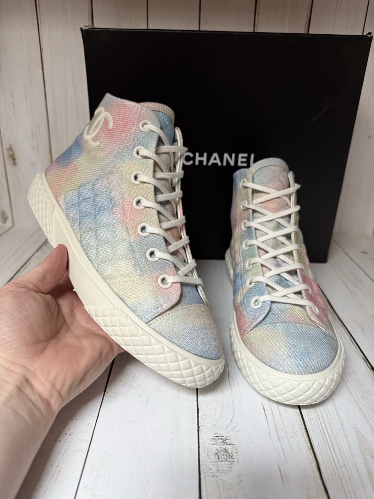 CHANEL Printed Fabric Quilted High Top Sneakers Green Pink Blue Sz 39 / 9