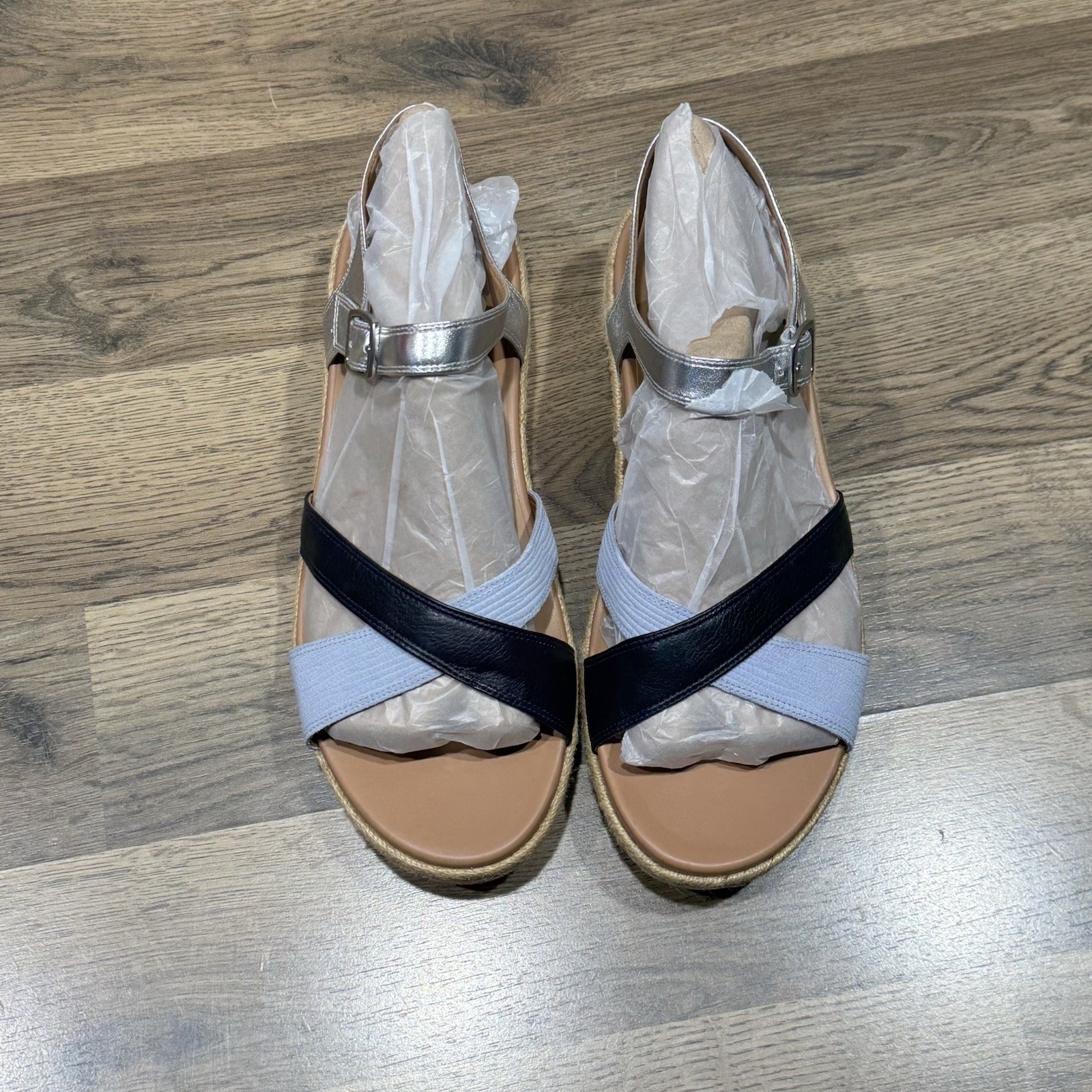 Vionic Mar Navy Multi Leather Platform Espadrille Orthotic Sandals Womens 12 NEW